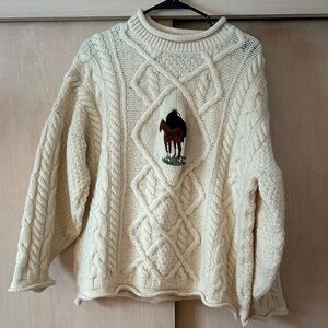 Elegant Cream Cable 100% Wool Sweater with Horse Design